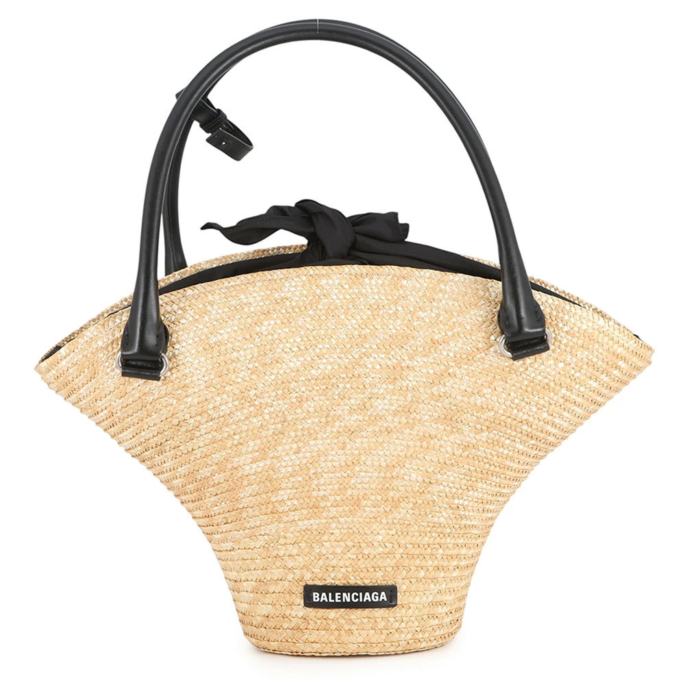 Balenciaga handbag beach bag raffia leather basket black